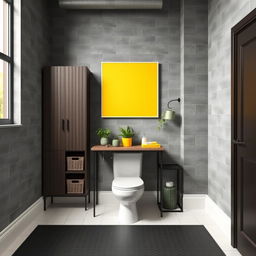 A loft-style bathroom featuring gray solid tiled walls combined with dark wood furniture, including a skirting board and shelves equipped with baskets