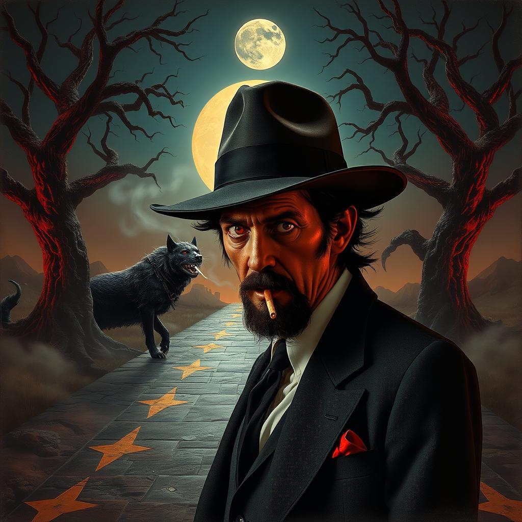 A captivating and surreal D&D scene featuring Tom Waits as depicted on the cover of his album "Heart of Saturday Night," complete with his trademark fedora and striking red eyes