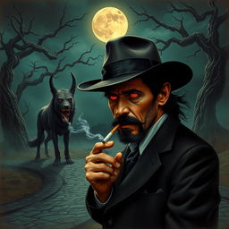 A captivating and surreal D&D scene featuring Tom Waits as depicted on the cover of his album "Heart of Saturday Night," complete with his trademark fedora and striking red eyes