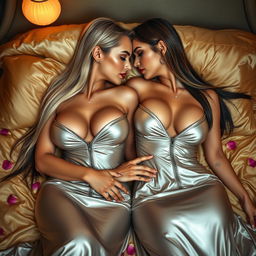 In an exquisite and intimate setting, two glamorous, busty tanned women are ensconced in passion and lust