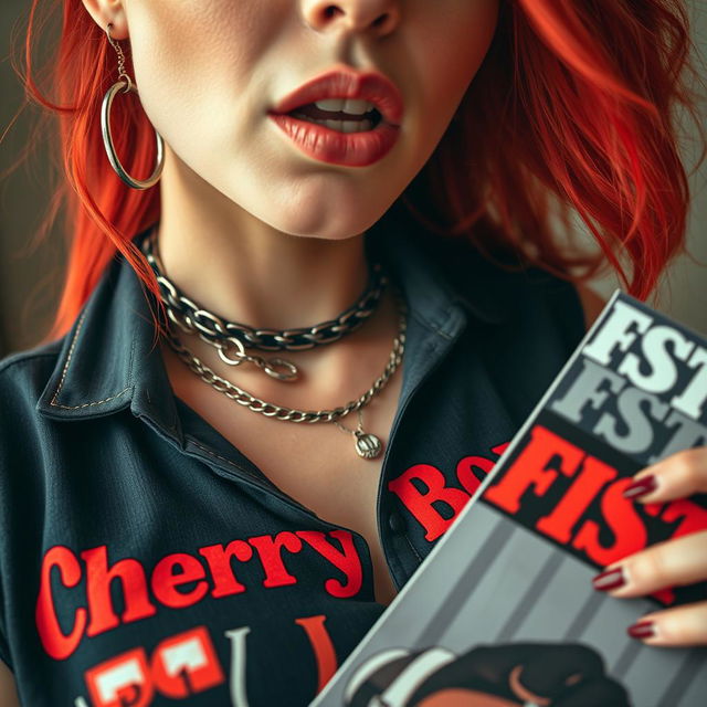 Extreme close-up of a gorgeous redhead woman with vibrant red hair, wearing a punk shirt with the bold text 'Cherry Bomb'