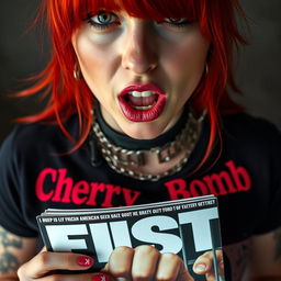 Extreme close-up of a gorgeous redhead woman with vibrant red hair, wearing a punk shirt with the bold text 'Cherry Bomb'