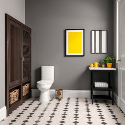 A loft-style bathroom featuring gray solid walls and dark wood furniture, including a skirting board and shelves equipped with baskets