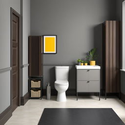 A loft-style bathroom featuring gray solid walls and dark wood furniture, including a skirting board and shelves equipped with baskets