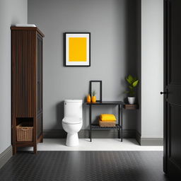 A loft-style bathroom featuring gray solid walls and dark wood furniture, including a skirting board and shelves equipped with baskets