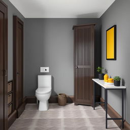 A loft-style bathroom featuring gray solid walls and dark wood furniture, including a skirting board and shelves equipped with baskets