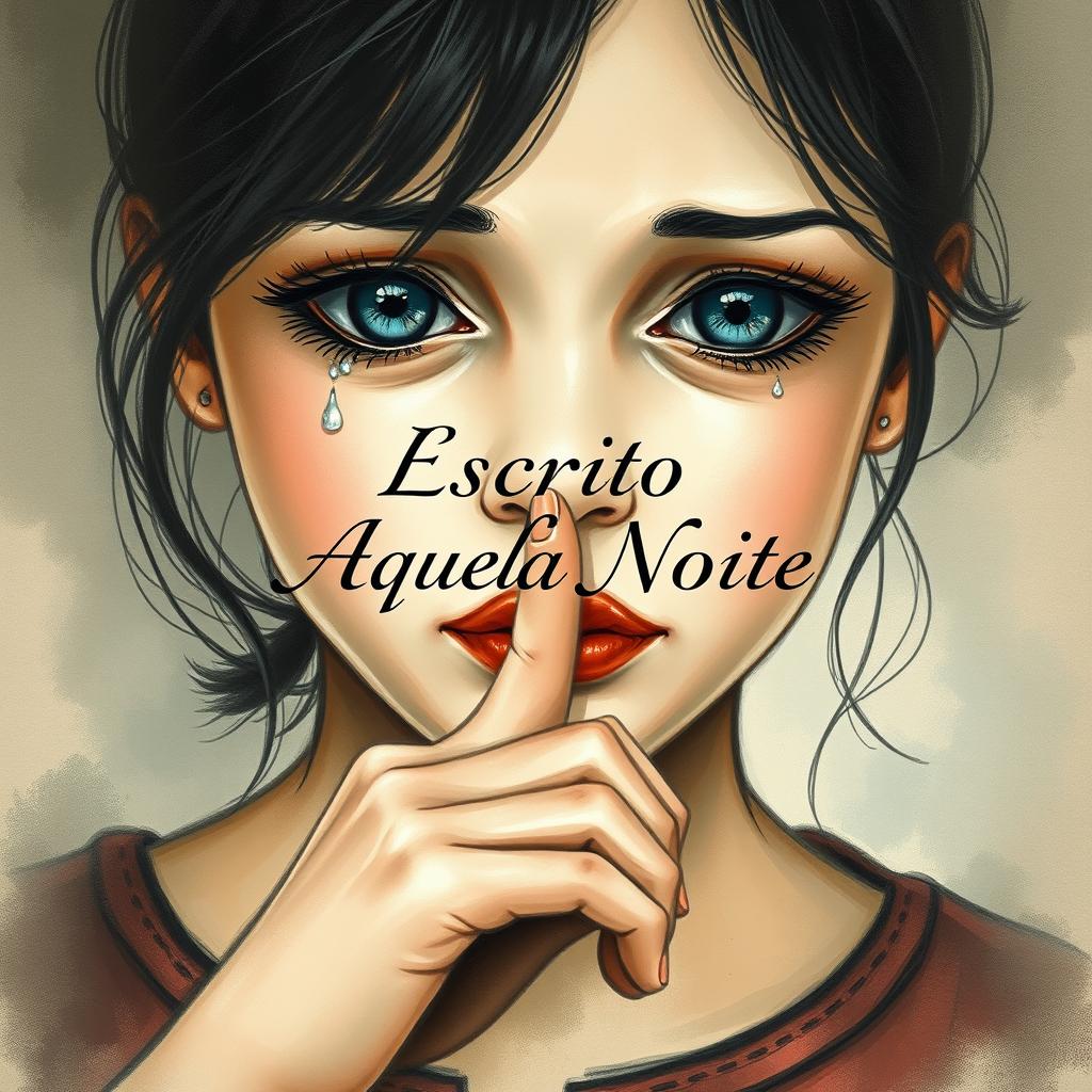 A realistic drawing of a girl with tears in her eyes, holding her finger to her lips in a gesture of silence