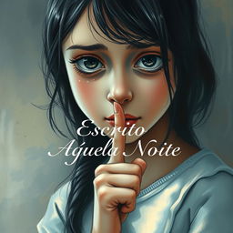 A realistic drawing of a girl with tears in her eyes, holding her finger to her lips in a gesture of silence