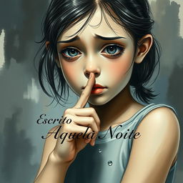 A realistic drawing of a girl with tears in her eyes, holding her finger to her lips in a gesture of silence