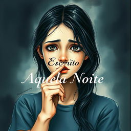 A realistic drawing of a girl with tears in her eyes, holding her finger to her lips in a gesture of silence