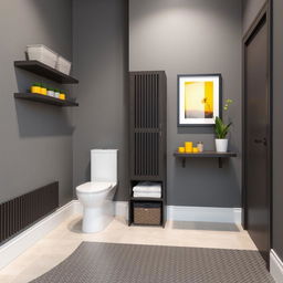 A high-tech style bathroom with sleek gray walls complemented by dark wood furniture, including a precisely crafted skirting board and shelves adorned with modern baskets