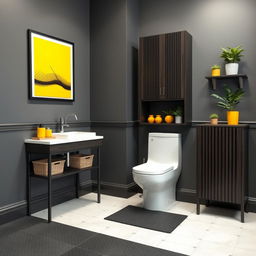 A high-tech style bathroom with sleek gray walls complemented by dark wood furniture, including a precisely crafted skirting board and shelves adorned with modern baskets