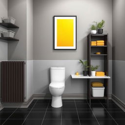 A high-tech style bathroom with sleek gray walls complemented by dark wood furniture, including a precisely crafted skirting board and shelves adorned with modern baskets