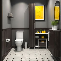 A high-tech style bathroom with sleek gray walls complemented by dark wood furniture, including a precisely crafted skirting board and shelves adorned with modern baskets