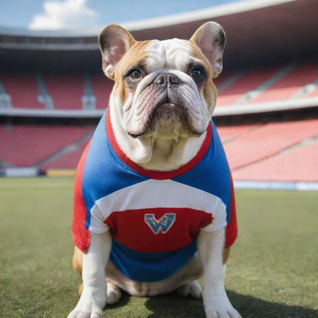 A robust bulldog wearing a vibrant sports jersey, standing proudly with a professional athlete. The mood is light-hearted and friendly. The background is a cheering stadium.