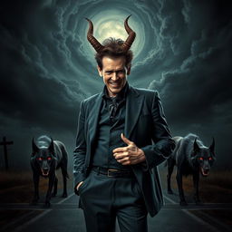 A young Tom Waits portrayed as a crossroads devil, standing confidently with a mischievous smile