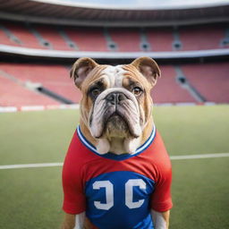 A robust bulldog wearing a vibrant sports jersey, standing proudly with a professional athlete. The mood is light-hearted and friendly. The background is a cheering stadium.