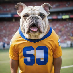 A robust bulldog wearing a vibrant sports jersey, standing proudly with a professional athlete. The mood is light-hearted and friendly. The background is a cheering stadium.