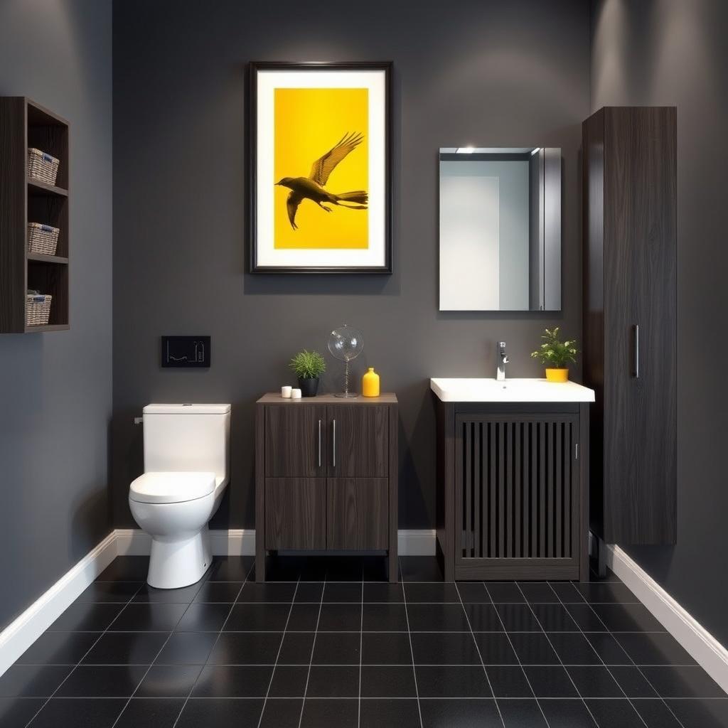 A high-tech style bathroom with sleek gray walls and dark wood furniture, including a precision-crafted skirting board and stylish shelves with baskets