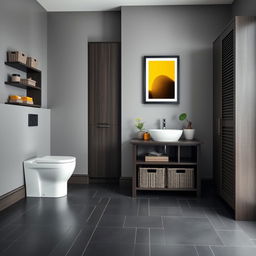 A high-tech style bathroom with sleek gray walls and dark wood furniture, including a precision-crafted skirting board and stylish shelves with baskets