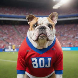 A robust bulldog wearing a vibrant sports jersey, standing proudly with a professional athlete. The mood is light-hearted and friendly. The background is a cheering stadium.