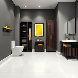 A high-tech style bathroom with sleek gray walls and dark wood furniture, including a precision-crafted skirting board and stylish shelves with baskets