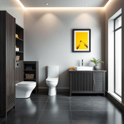 A high-tech style bathroom with sleek gray walls and dark wood furniture, including a precision-crafted skirting board and stylish shelves with baskets