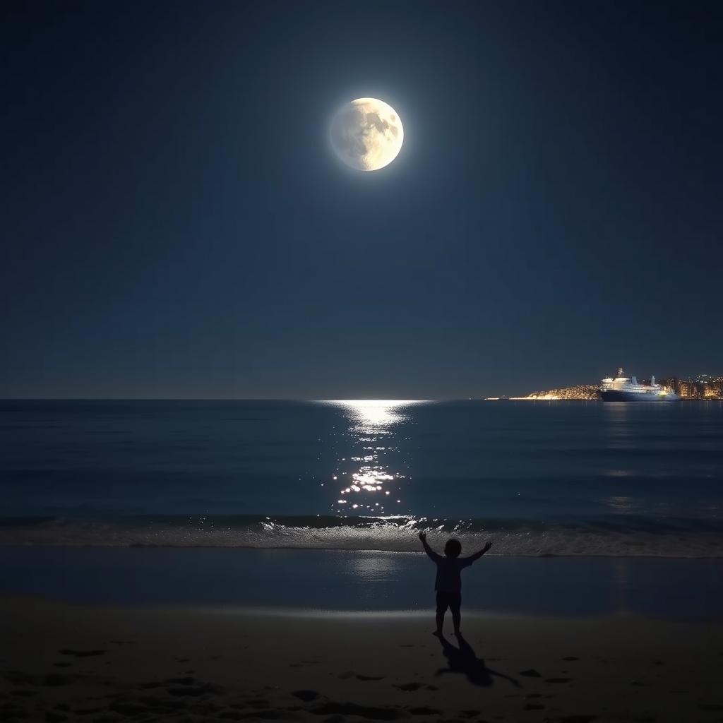 A serene beach at night with a partially illuminated waning moon centrally positioned in the sky