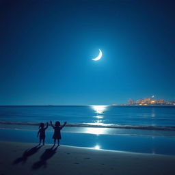 A serene beach at night with a partially illuminated waning moon centrally positioned in the sky