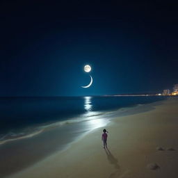 A serene beach at night with a partially illuminated waning moon centrally positioned in the sky