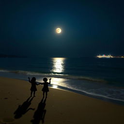 A serene beach at night with a partially illuminated waning moon centrally positioned in the sky