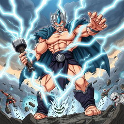 Thorr, the God of Thunder and Destruction, dynamically illustrated in Dragon Ball Z style, executes his powerful attack 'Stormbreaker