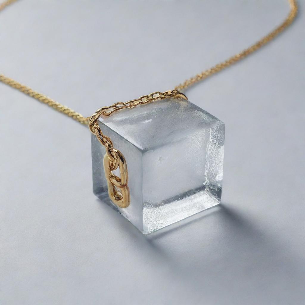 A glossy, transparent ice cube featuring a dangling gold chain around it. The golden chain has a lustrous shine that contrasts with the icy surface of the cube.