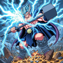 Thorr, the God of Thunder and Destruction, dynamically illustrated in Dragon Ball Z style, executes his powerful attack 'Stormbreaker