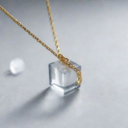 A glossy, transparent ice cube featuring a dangling gold chain around it. The golden chain has a lustrous shine that contrasts with the icy surface of the cube.