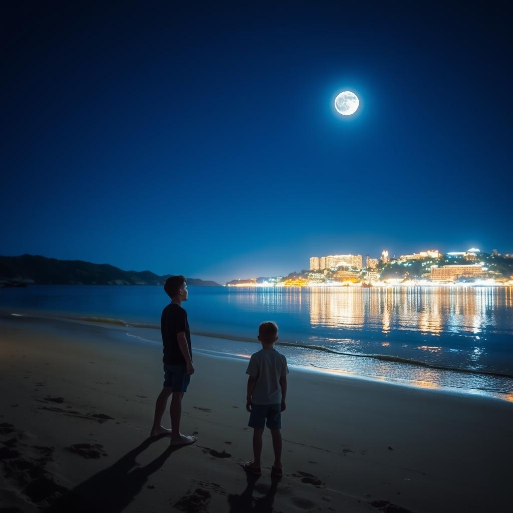 A picturesque beach scene at night with a waning moon prominently positioned in the middle of the sky, casting a serene glow onto the landscape