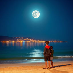 A picturesque beach scene at night with a waning moon prominently positioned in the middle of the sky, casting a serene glow onto the landscape