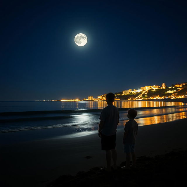 A picturesque beach scene at night with a waning moon prominently positioned in the middle of the sky, casting a serene glow onto the landscape