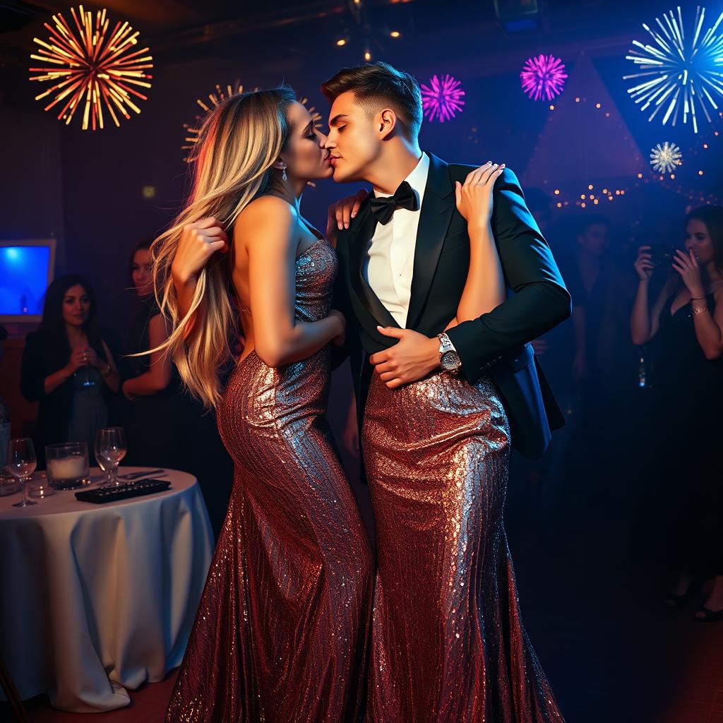 Amidst the vivacious atmosphere of a New Year's Eve party, two sexy couples steal the spotlight with their undeniable charm