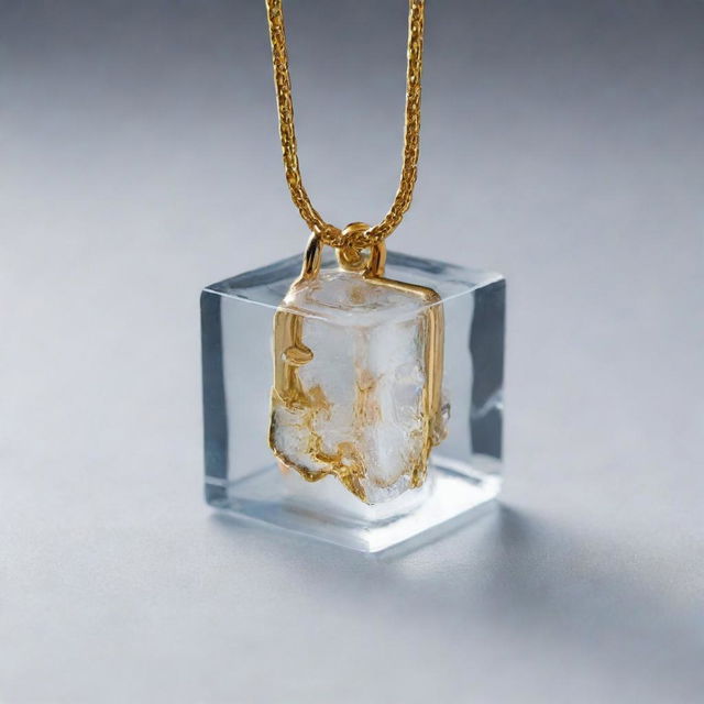 A glossy, transparent ice cube featuring a dangling gold chain around it. The golden chain has a lustrous shine that contrasts with the icy surface of the cube.