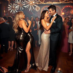 In the electrifying ambiance of a New Year's Eve party, two sexy couples draw all eyes with their undeniable glamour