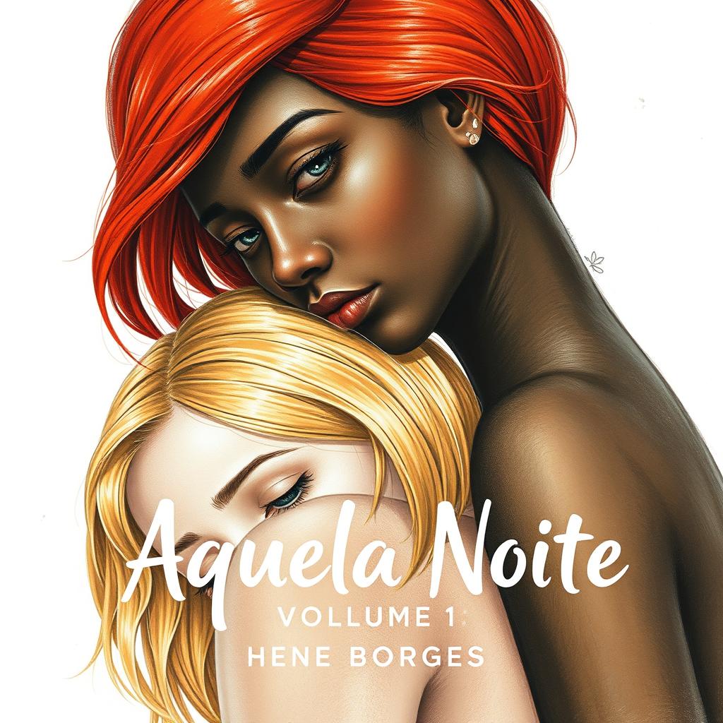 A realistic drawing of a young adult woman with red hair and a young girl with blonde hair, with the blonde girl resting her head on the shoulder of the red-haired woman