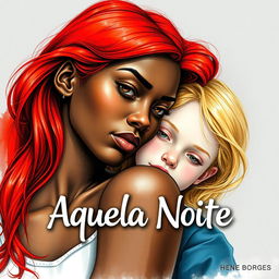 A realistic drawing of a young adult woman with red hair and a young girl with blonde hair, with the blonde girl resting her head on the shoulder of the red-haired woman