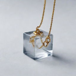 A glossy, transparent ice cube featuring a dangling gold chain around it. The golden chain has a lustrous shine that contrasts with the icy surface of the cube.