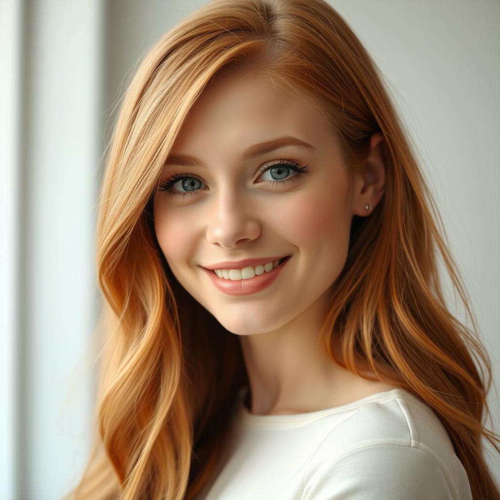 a young 18-year-old woman with stunning copper-blonde hair