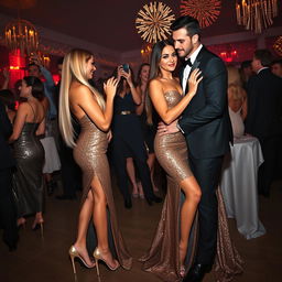 In the vibrant ambiance of a New Year's Eve party, two sexy couples stand out with incredible glamour