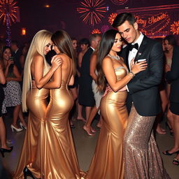 In the vibrant ambiance of a New Year's Eve party, two sexy couples stand out with incredible glamour