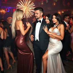 In the vibrant ambiance of a New Year's Eve party, two sexy couples stand out with incredible glamour