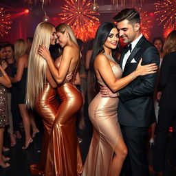 In the vibrant ambiance of a New Year's Eve party, two sexy couples stand out with incredible glamour