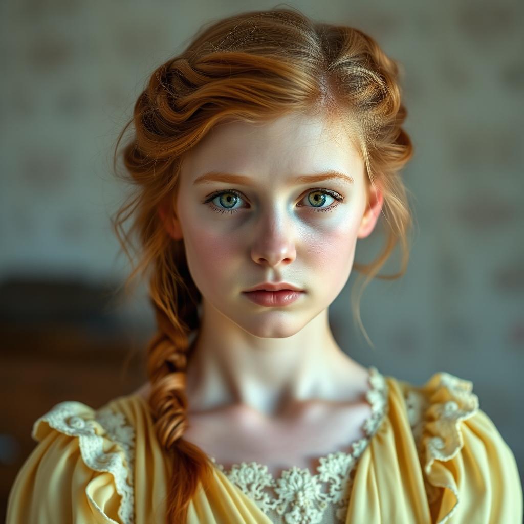 a young 18-year-old woman with stunning copper-blonde hair and light brown eyes